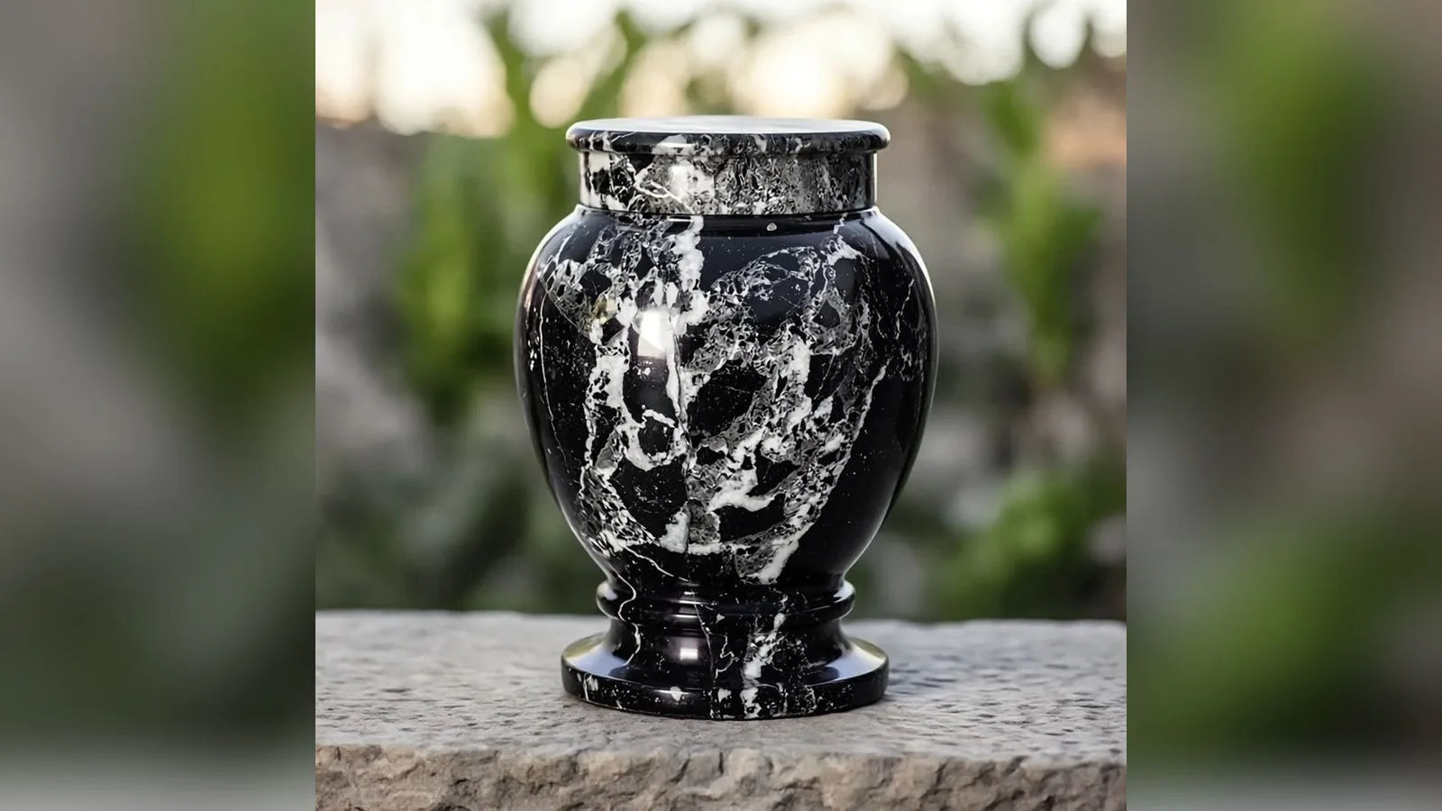 Black and white marble cremation urn in an outdoor garden