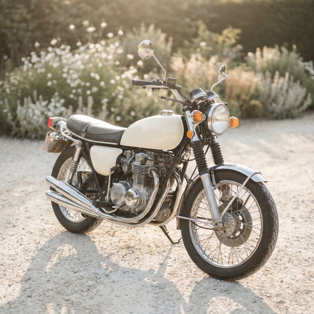 A classic motorcycle with a cream fuel tank parked beside a garden