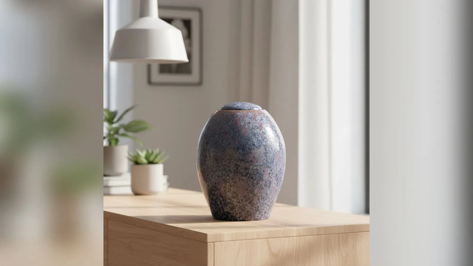 Violet blue crystalline-glazed cremation urn on a table