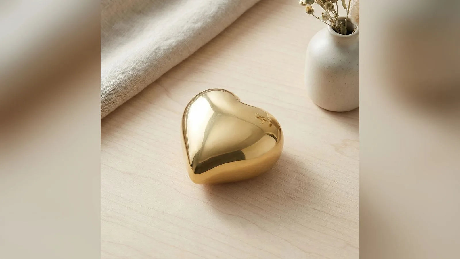 Glossy gold heart-shaped keepsake urn for ashes on a table
