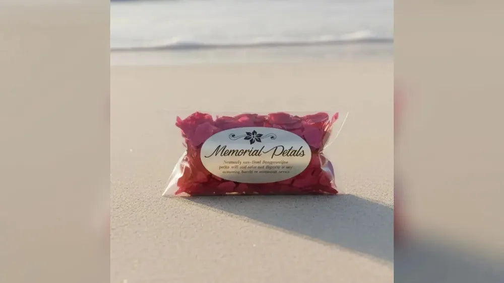 Memorial petals for scattering ashes, on a beach