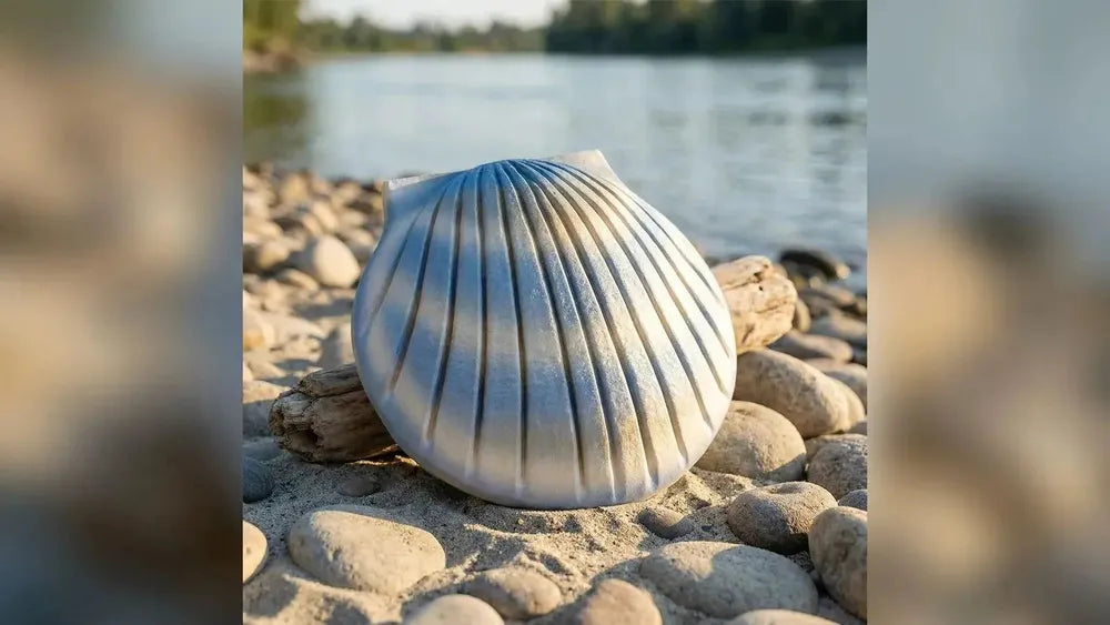 Shell biodegradable water urn in aqua blue on the shore