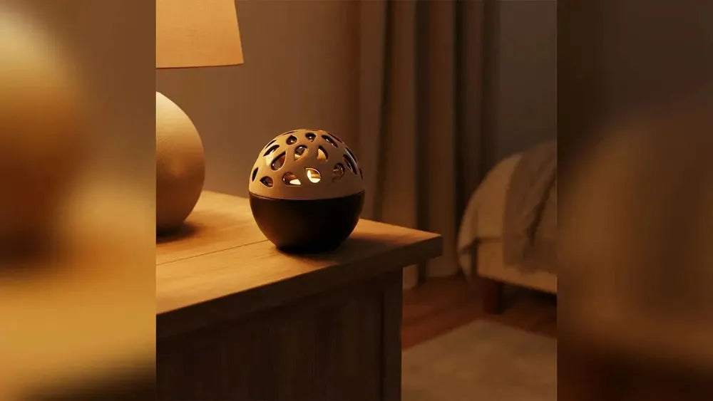 Teardrop Candle Sphere small keepsake urn lit on a bedside table
