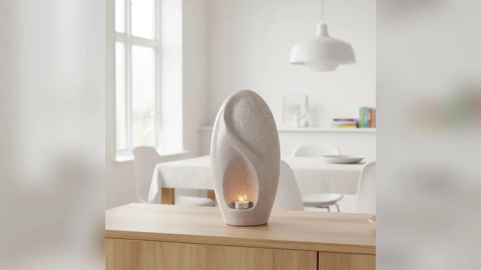 Infinity ceramic adult cremation urn in crackle glaze on a side table