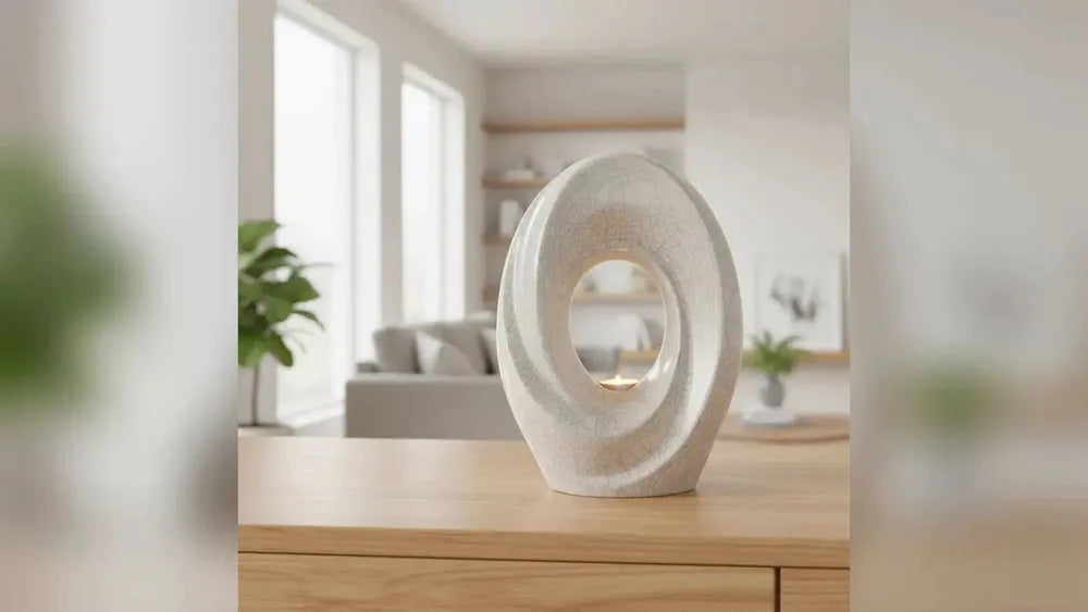 The Passage adult cremation urn in crackle glaze in a living room