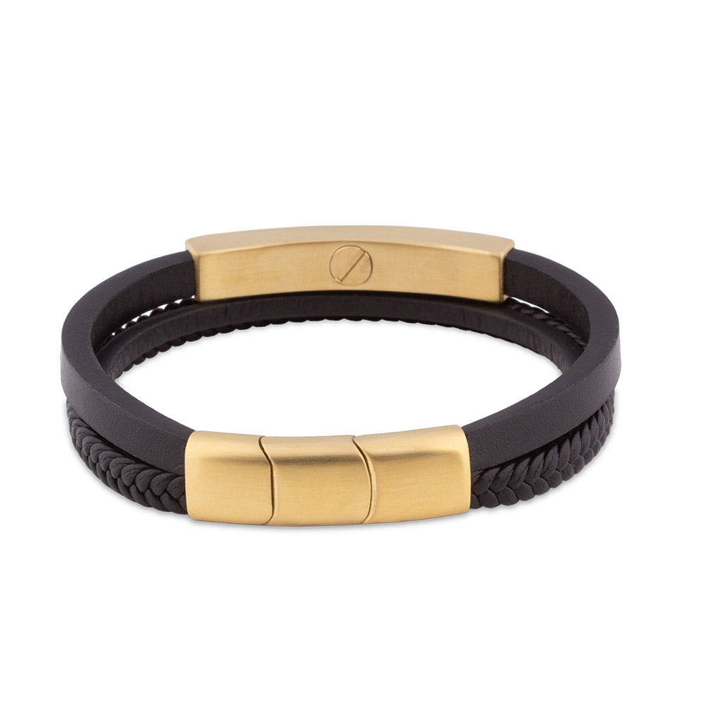 Adjustable Braided Leather Ashes Bracelet For Men in Black and Gold