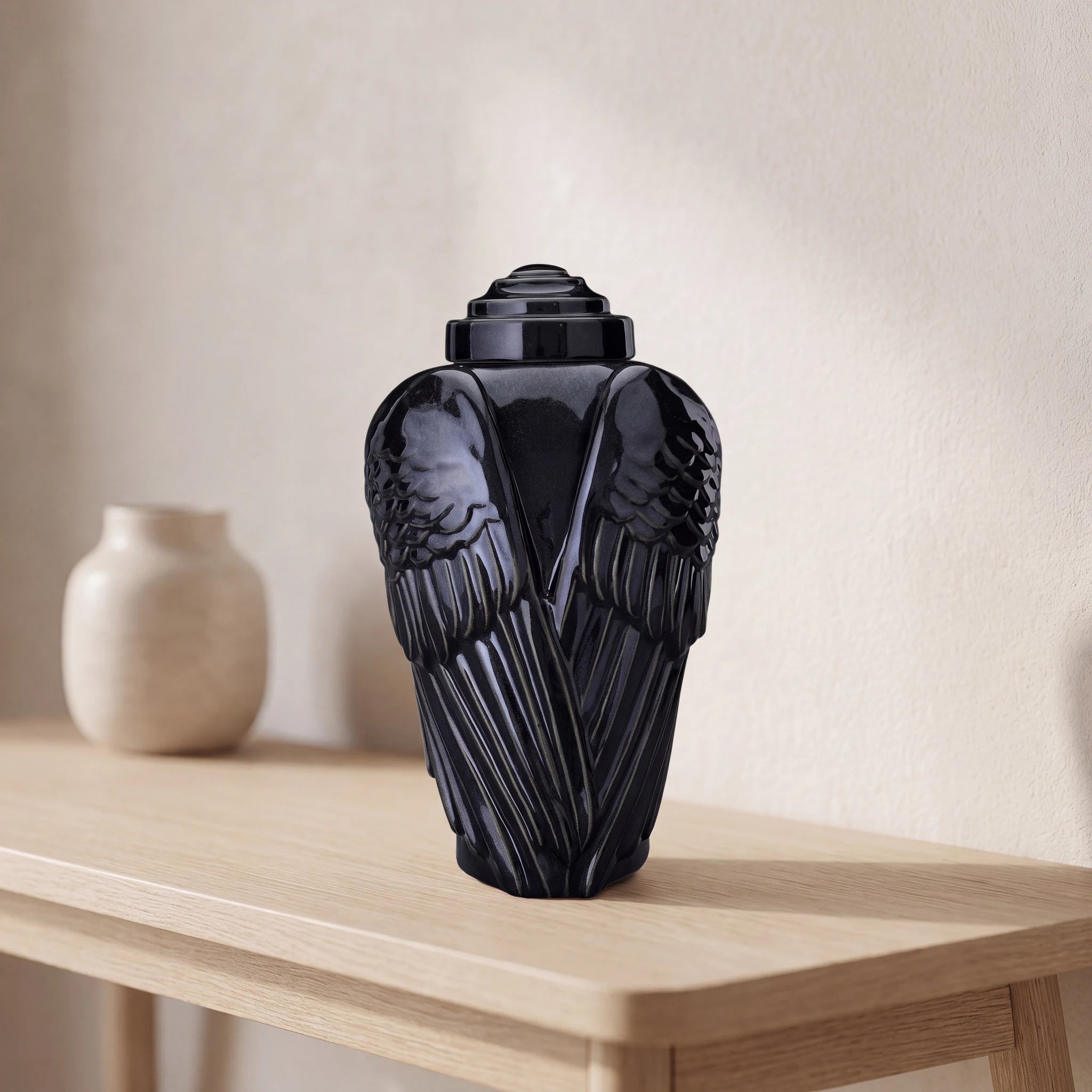 Angel Wings Adult Cremation Urn for Ashes in Glossy Black