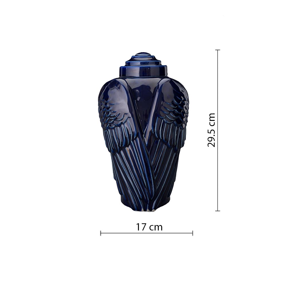 Angel Wings Cremation Urn for Ashes in Metallic Blue Dimensions
