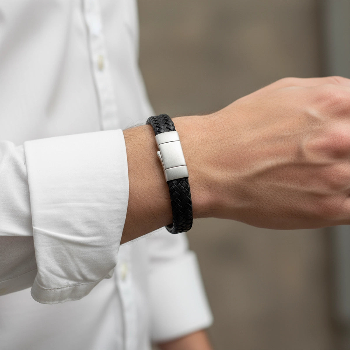 Braided Leather Ashes Bracelet For Men in Black - Wide Braid