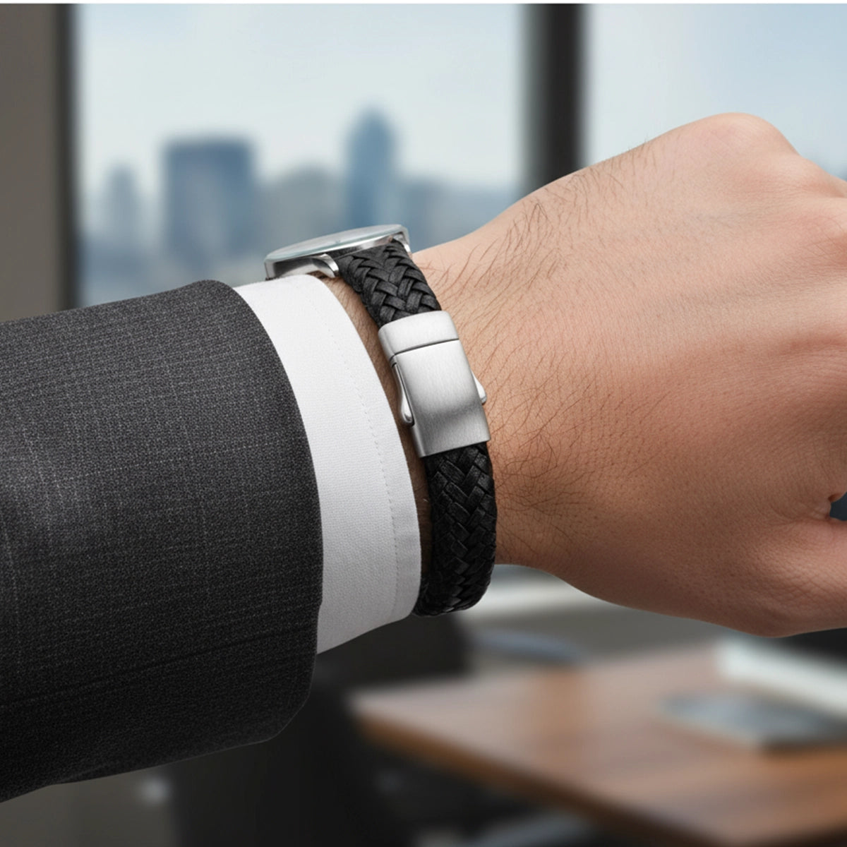 Braided Leather Ashes Bracelet For Men in Black - Wide Braid