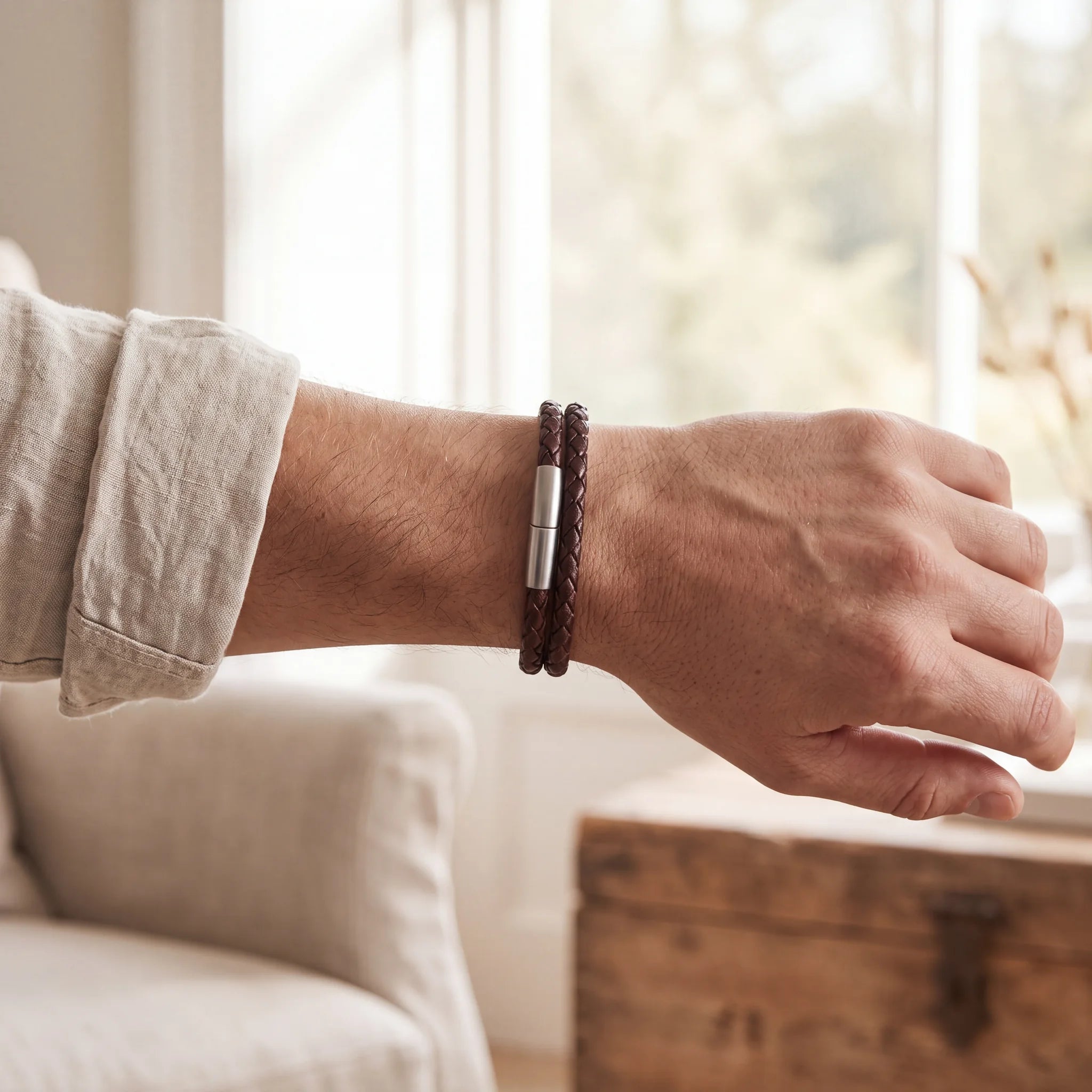 Braided-Leather-Ashes-Bracelet-For-Men-in-Brown-Double-Braid-On-the-Wrist