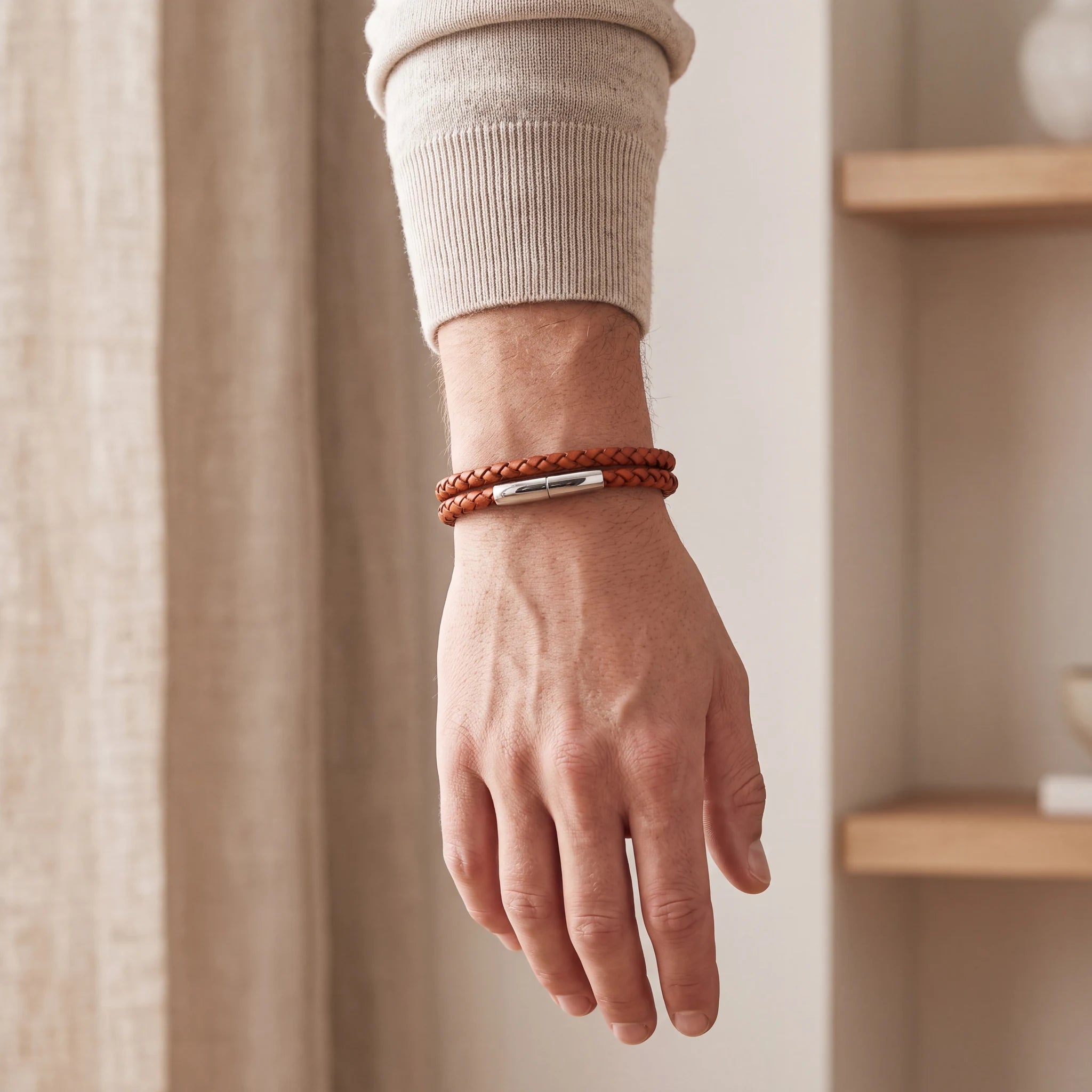 Braided-Leather-Ashes-Bracelet-For-Men-in-Cognac-Double-Braid-On-the-Wrist