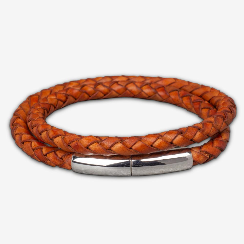 Braided Leather Ashes Bracelet For Men in Cognac - Double Braid
