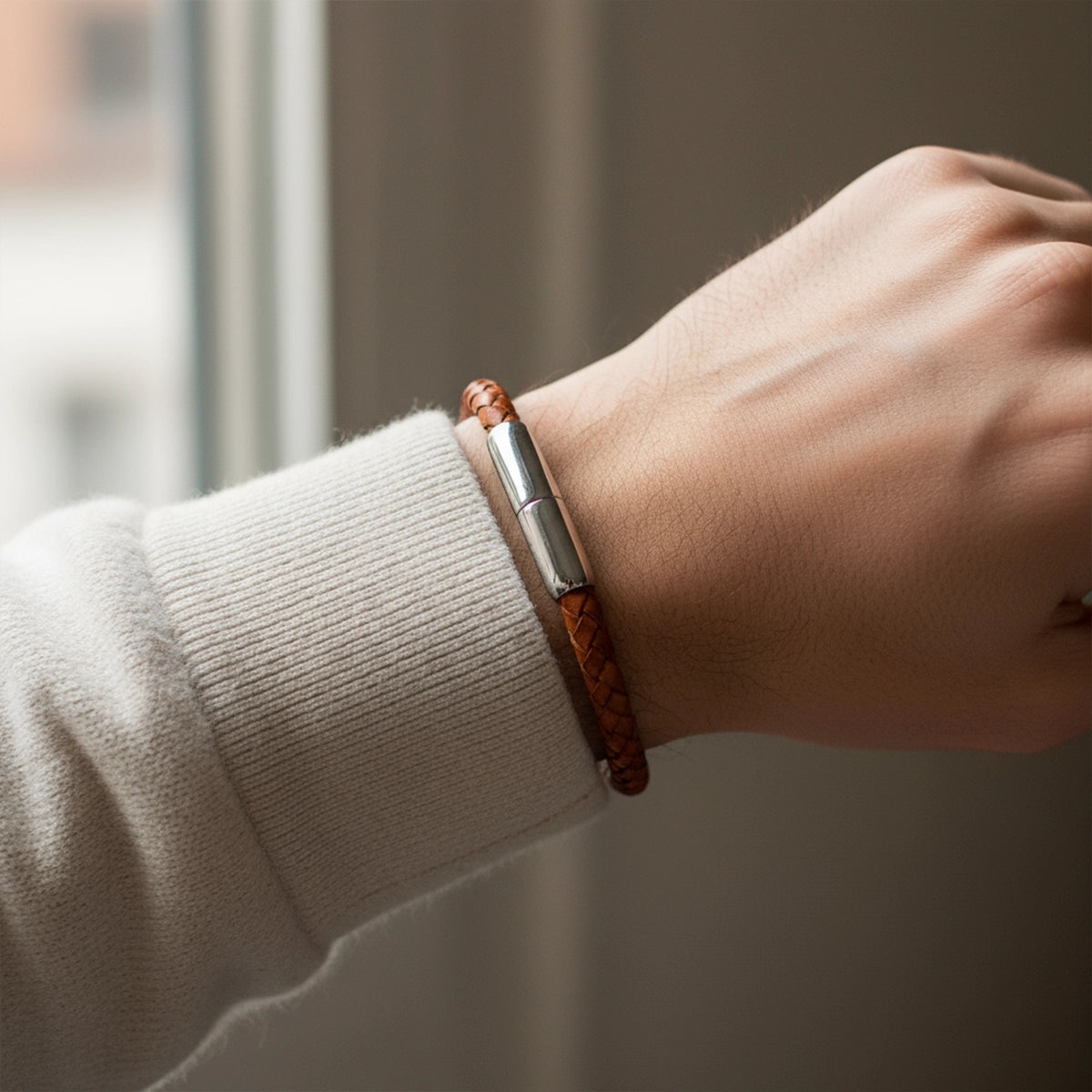 Braided Leather Ashes Bracelet For Men in Cognac - Single Braid