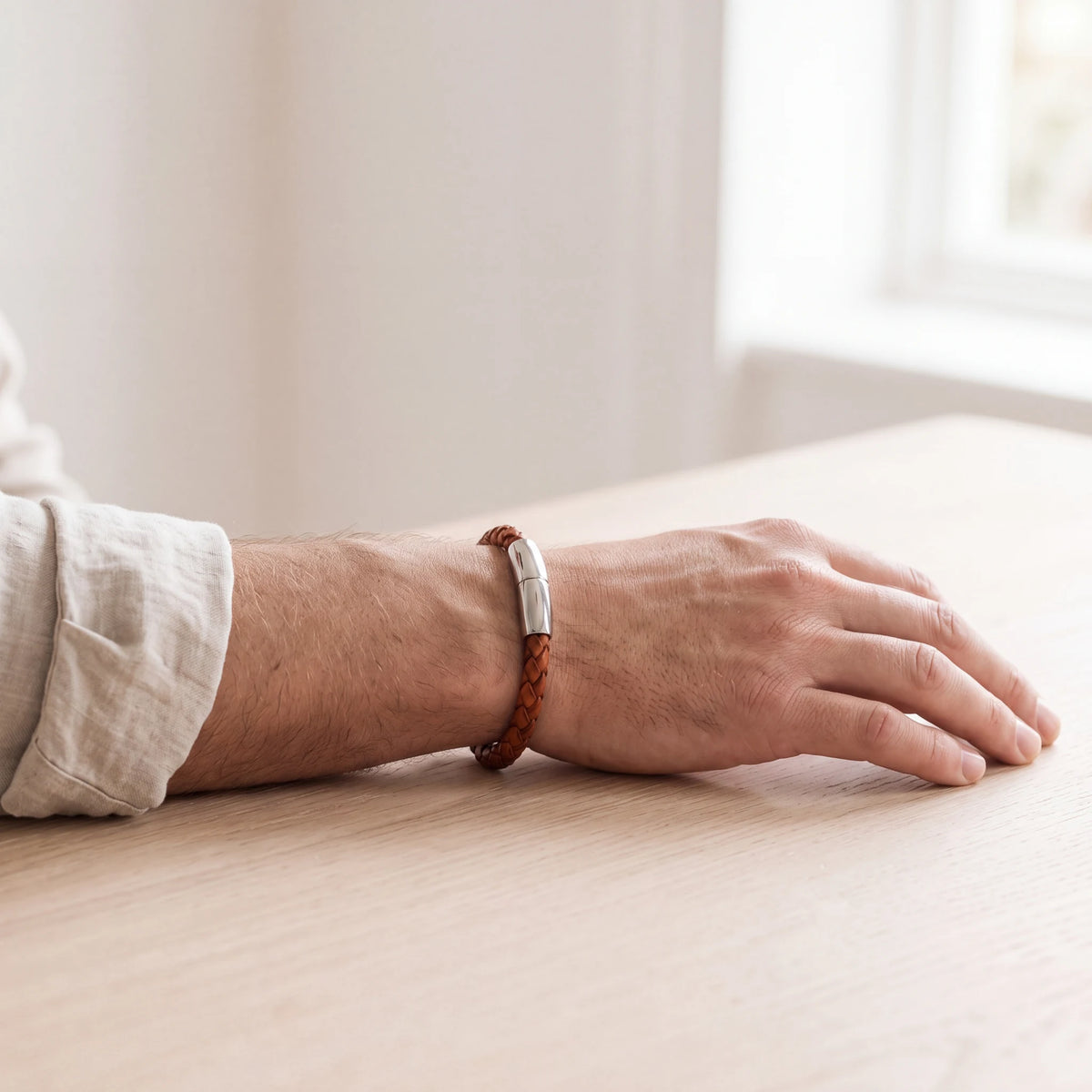 Braided-Leather-Ashes-Bracelet-For-Men-in-Cognac-Single-Braid-Worn