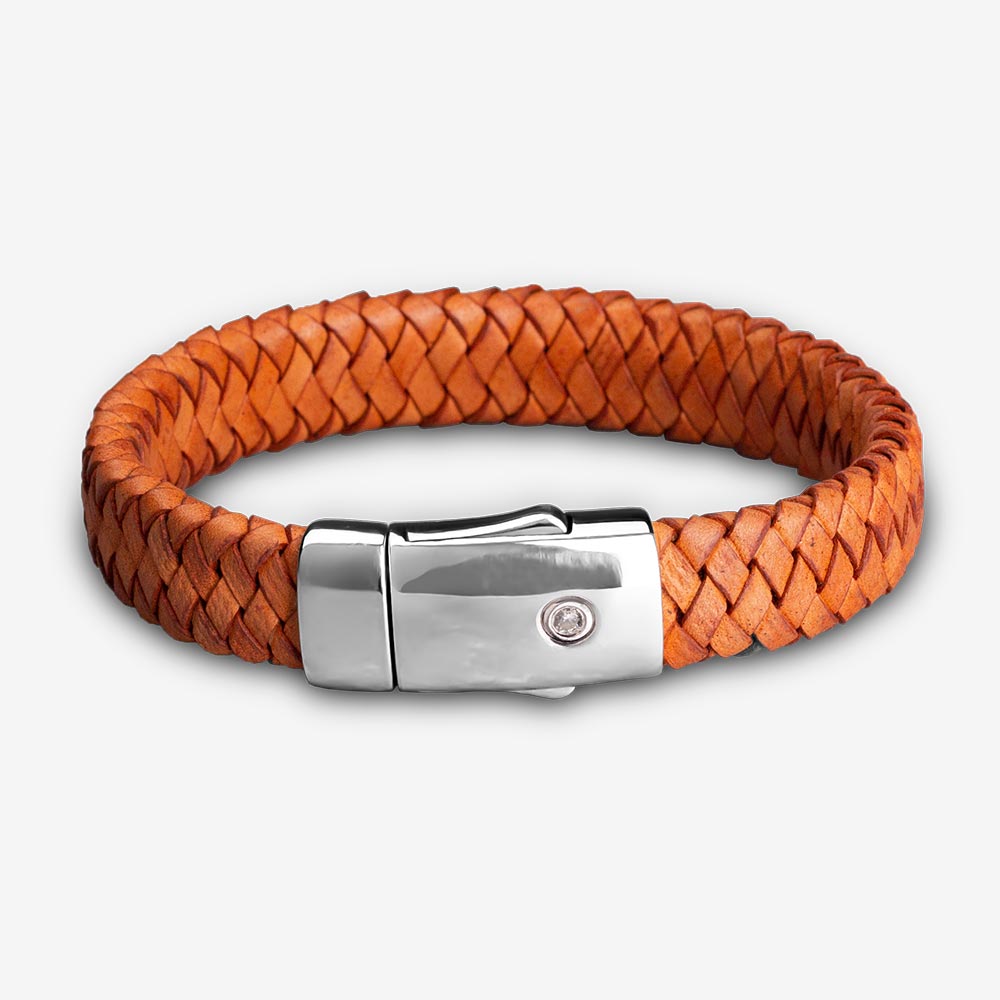 Braided Leather Ashes Bracelet For Men in Cognac - Wide Braid