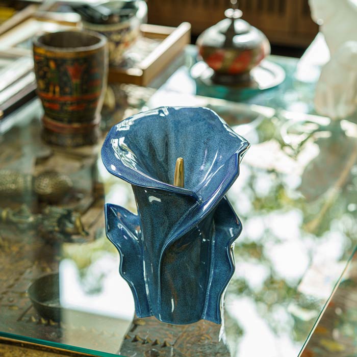 Calla Lilly Medium Cremation Urn for Ashes Blue on Coffee Table_