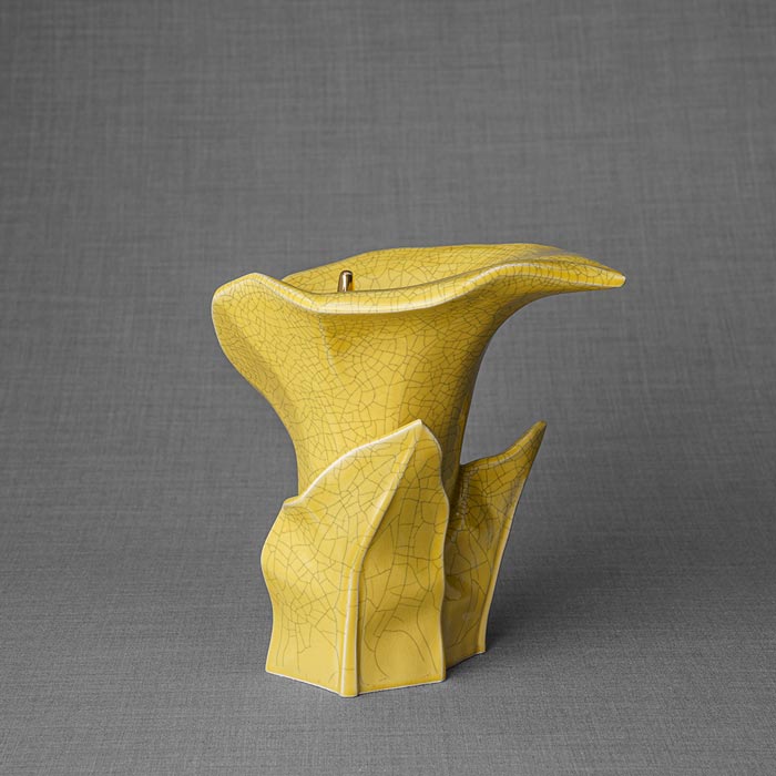 Calla Lilly Medium Cremation Urn for Ashes Yellow Crackle Glaze Angled View