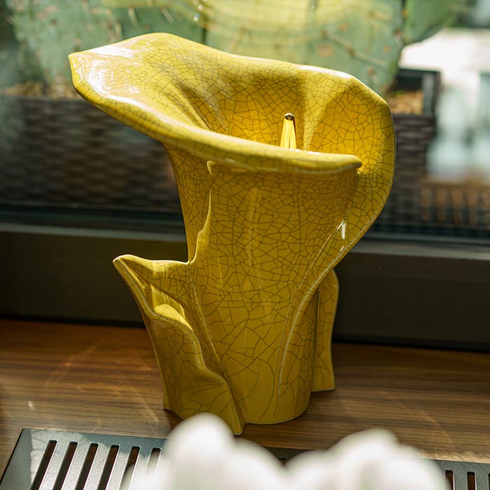 Calla Lilly Medium Cremation Urn for Ashes Yellow Crackle Glaze Close Up on Window Sill
