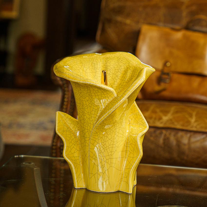 Calla Lilly Medium Cremation Urn for Ashes Yellow Crackle Glaze Near Chair