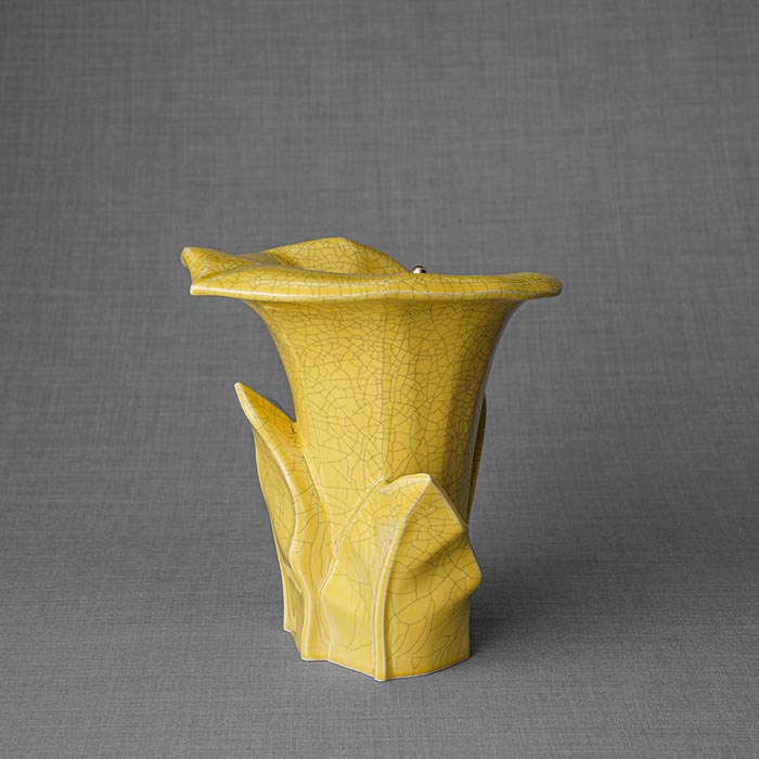 Calla Lilly Medium Cremation Urn for Ashes Yellow Crackle Glaze Rear View