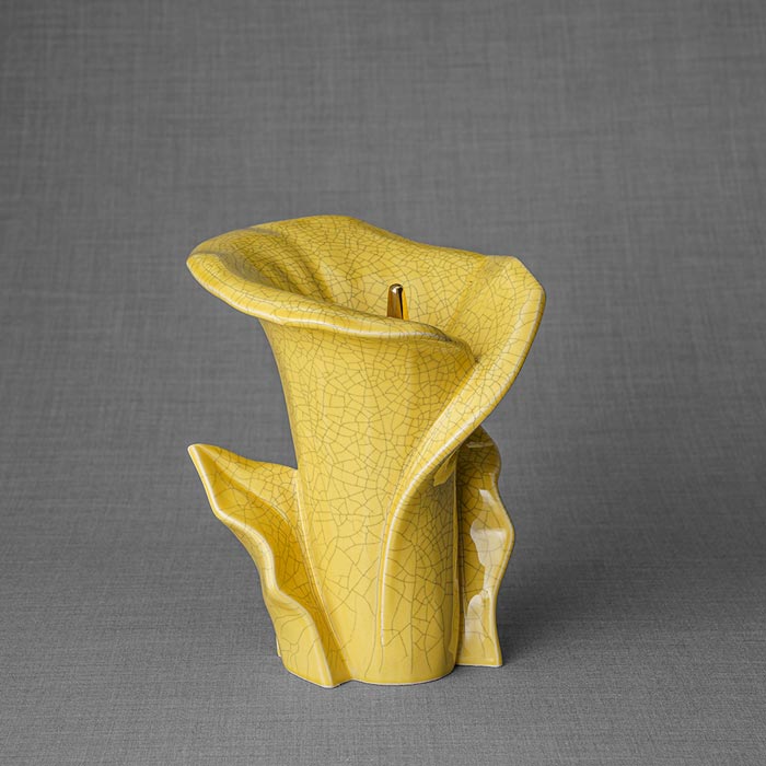 Calla Lilly Medium Cremation Urn for Ashes Yellow Crackle Glaze Right View