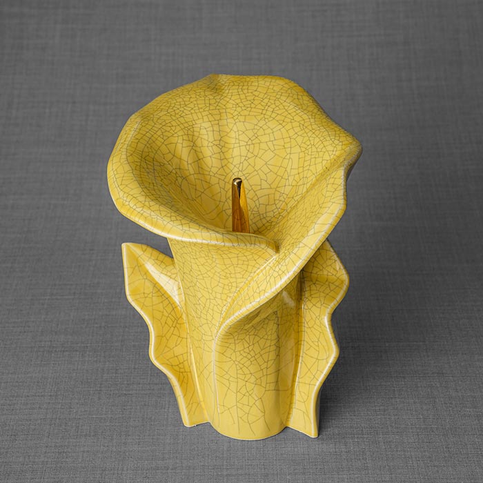 Calla Lilly Medium Cremation Urn for Ashes Yellow Crackle Glaze Top View