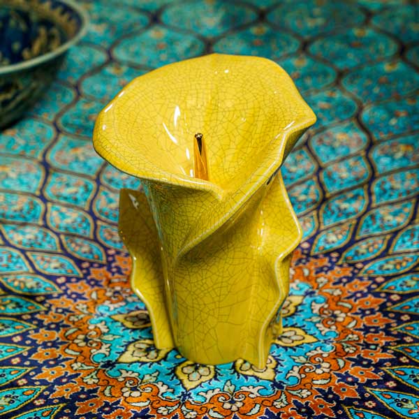 Calla Lilly Medium Cremation Urn for Ashes Yellow Crackle Glaze on Table