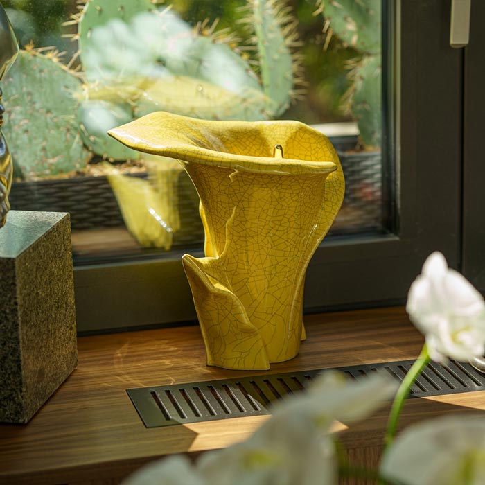 Calla Lilly Medium Cremation Urn for Ashes Yellow Crackle Glaze on Window Sill