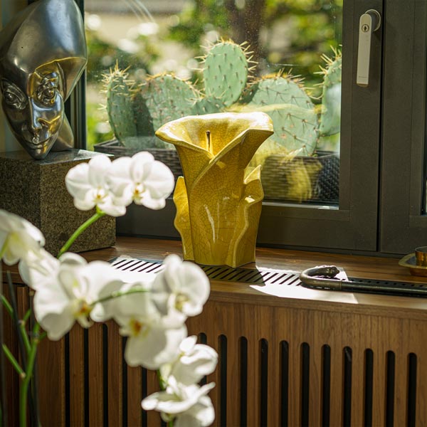 Calla Lilly Medium Cremation Urn for Ashes Yellow Crackle Glaze with Flowers on Window Sill