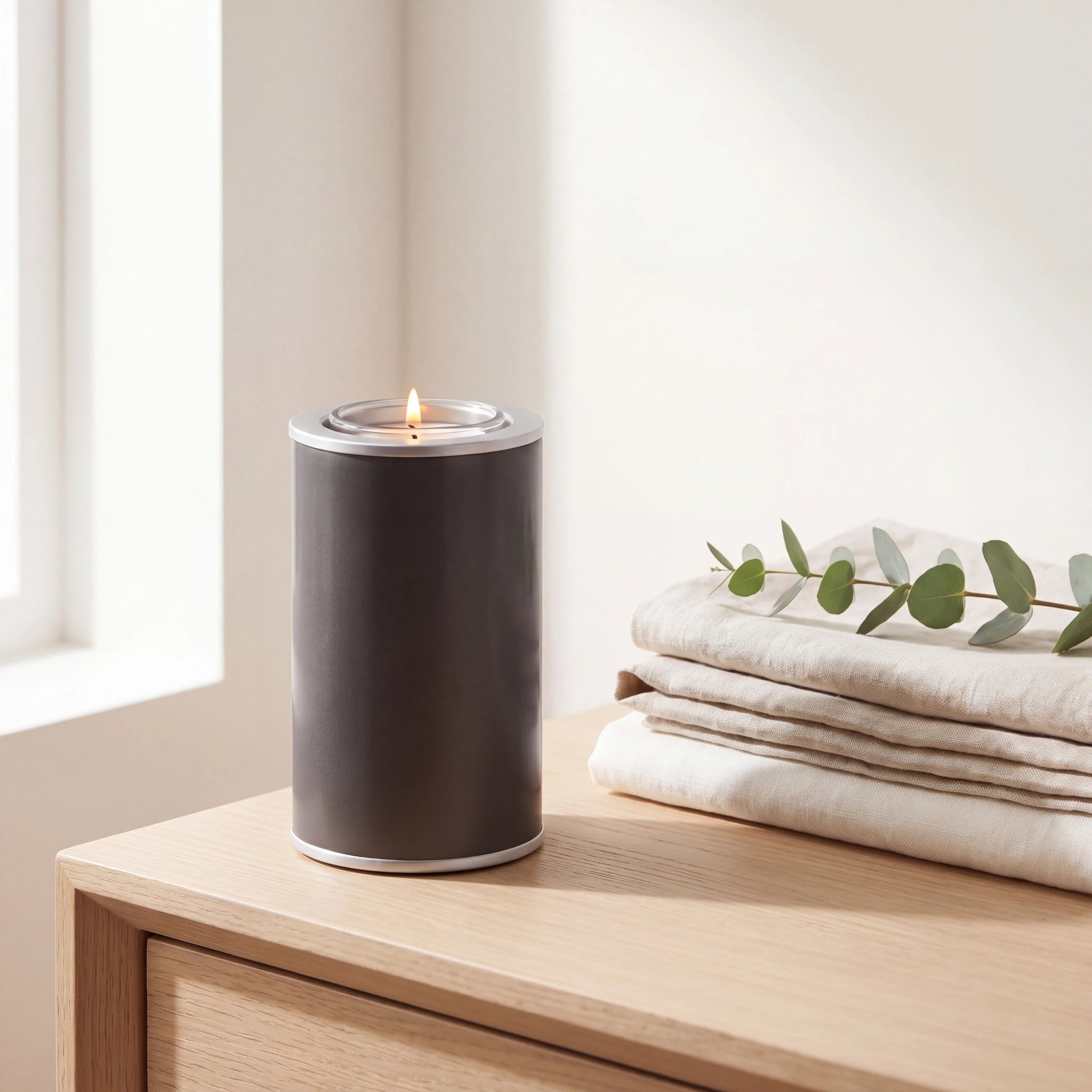 Candle-Small-Urn-for-Ashes-in-Graphite-Folded-Linen