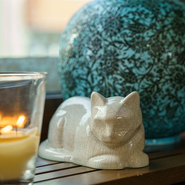 Cat Cremation Urn For Ashes Crackle Glaze Front View