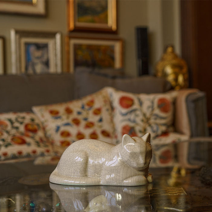 Cat Cremation Urn For Ashes Crackle Glaze On Glass Table
