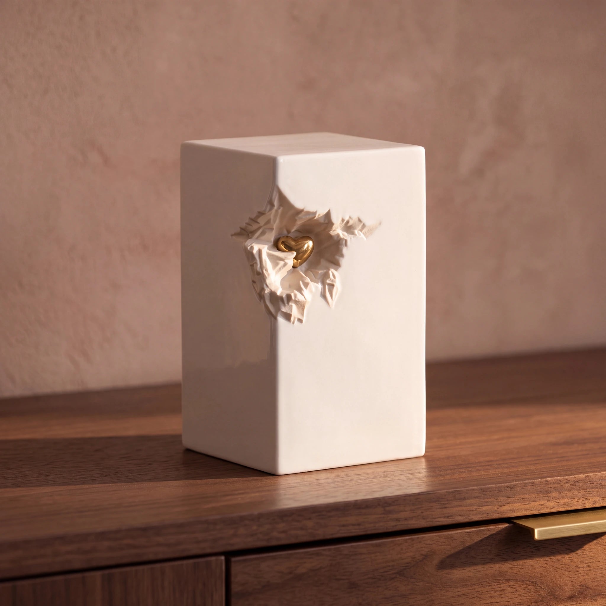 Cherished Heart Cremation Urn for Ashes in White and Gold