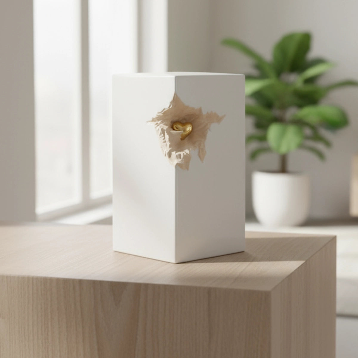 Cherished Heart Cremation Urn for Ashes in White and Gold in Modern Living Room in Sunlight