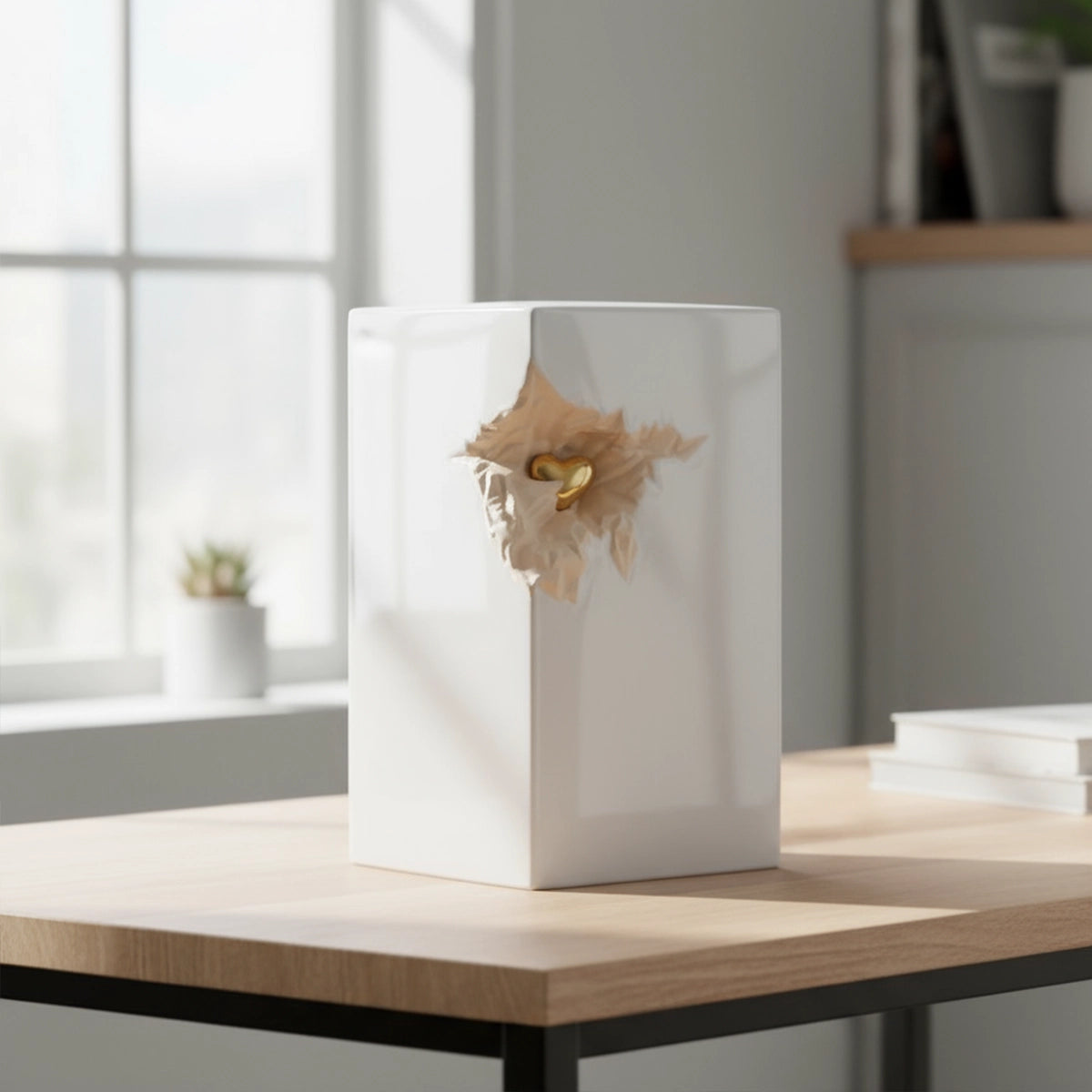 Cherished Heart Cremation Urn for Ashes in White and Gold on Table in Sunlight
