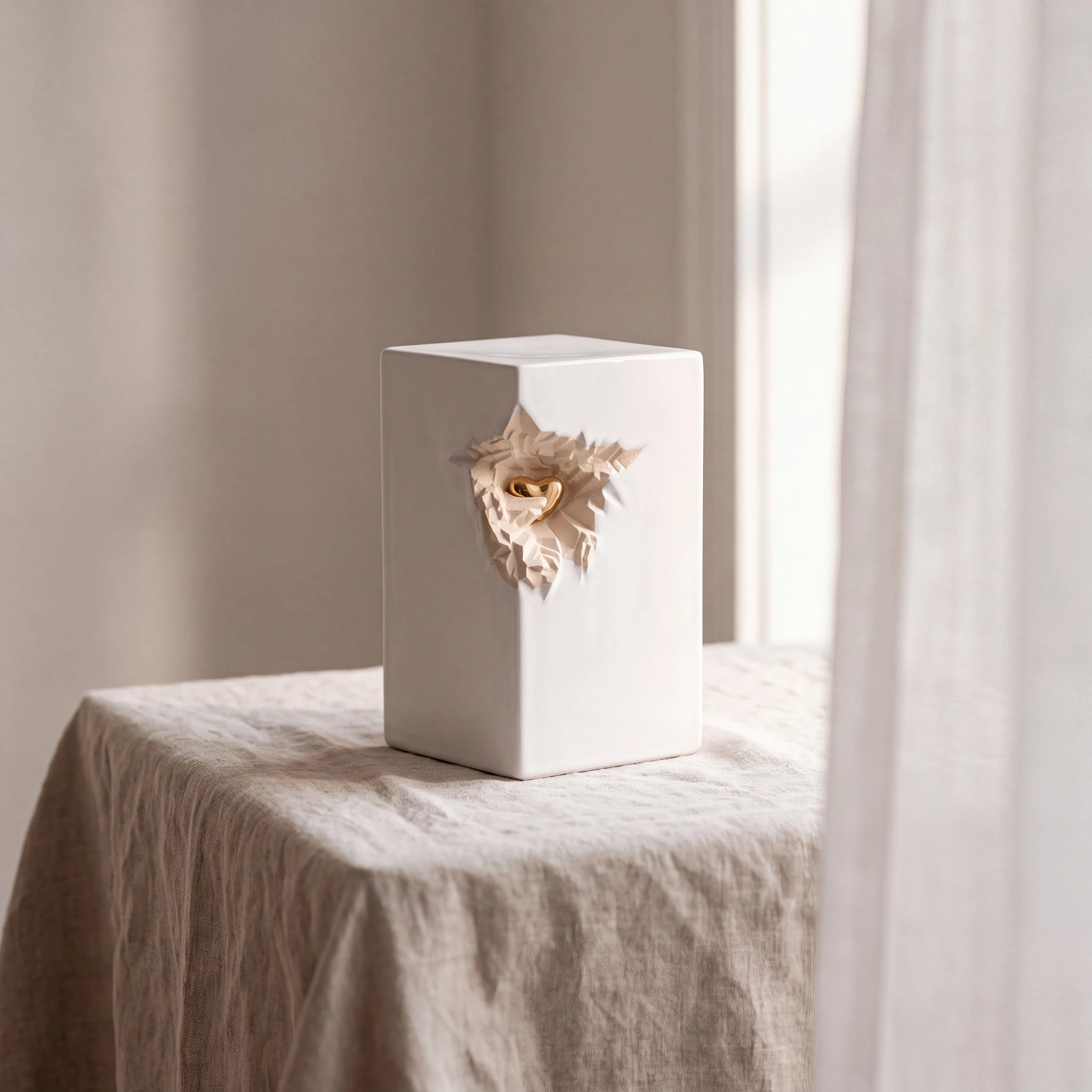 Cherished-Heart-Medium-Urn-for-Ashes-in-White-and-Gold-Linen-Table