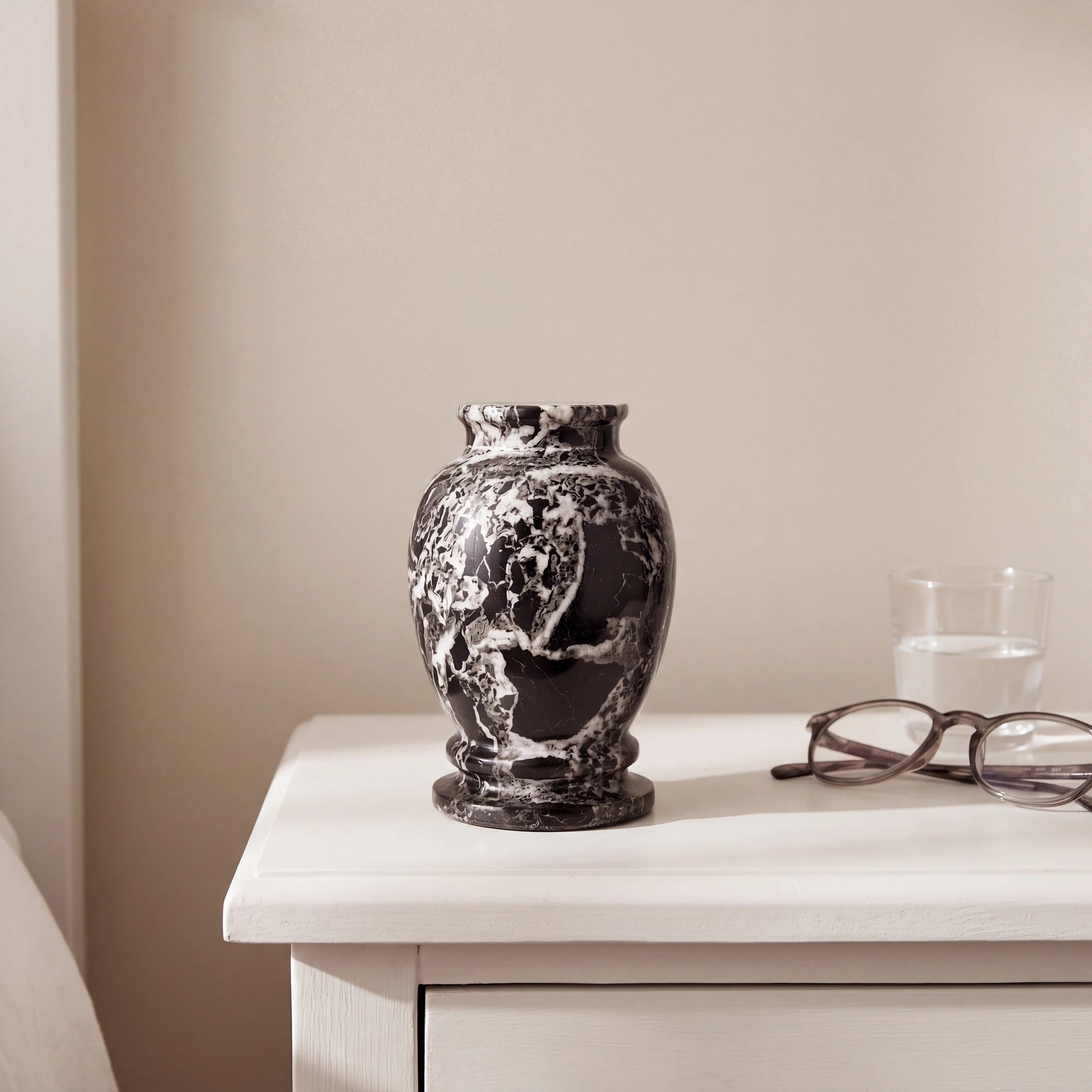 Classic-Marble-Keepsake-Urn-for-Ashes-in-Black-White-keepsake_bedside_glasses