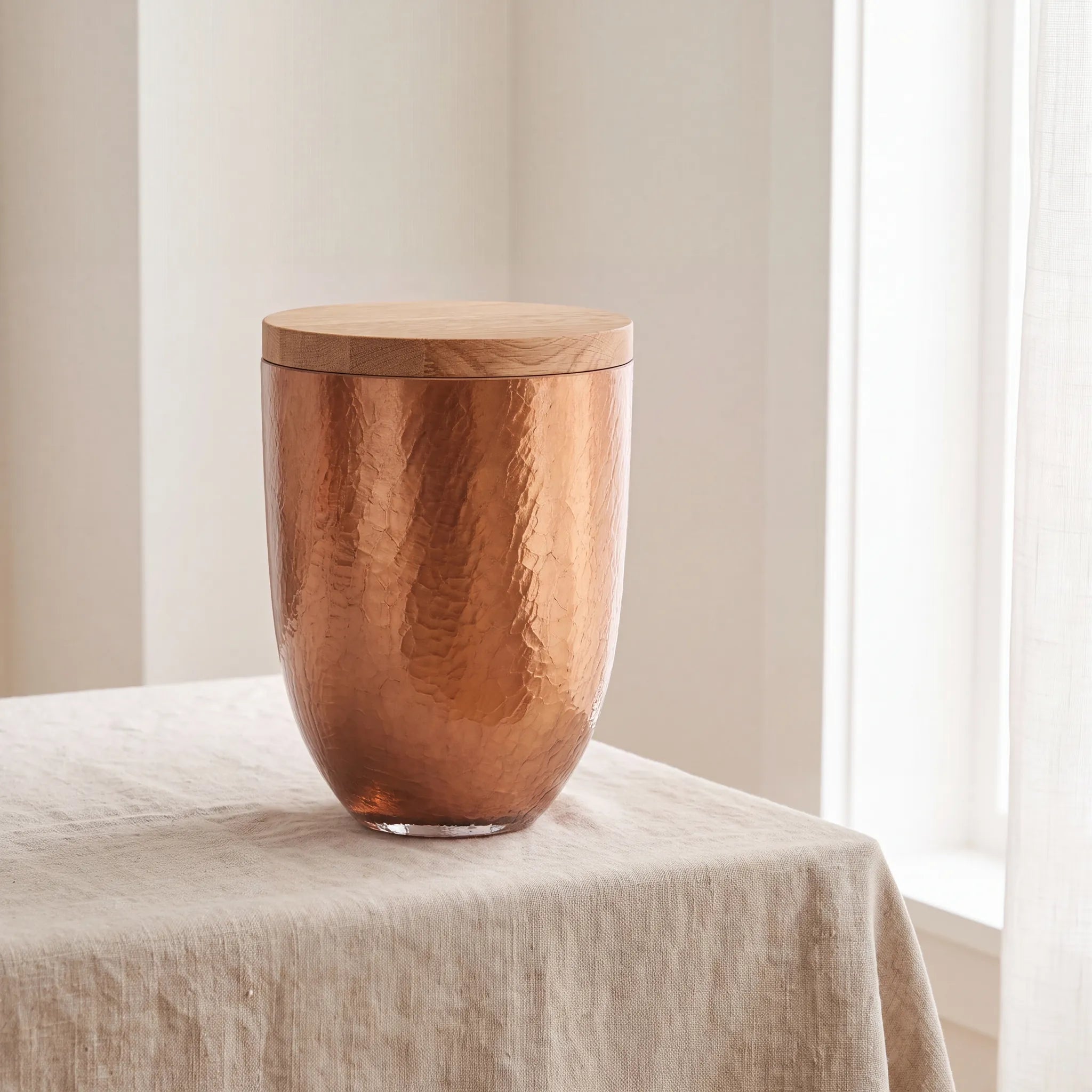 Crystal Adult Cremation Urn for Ashes with Oak Lid in Copper