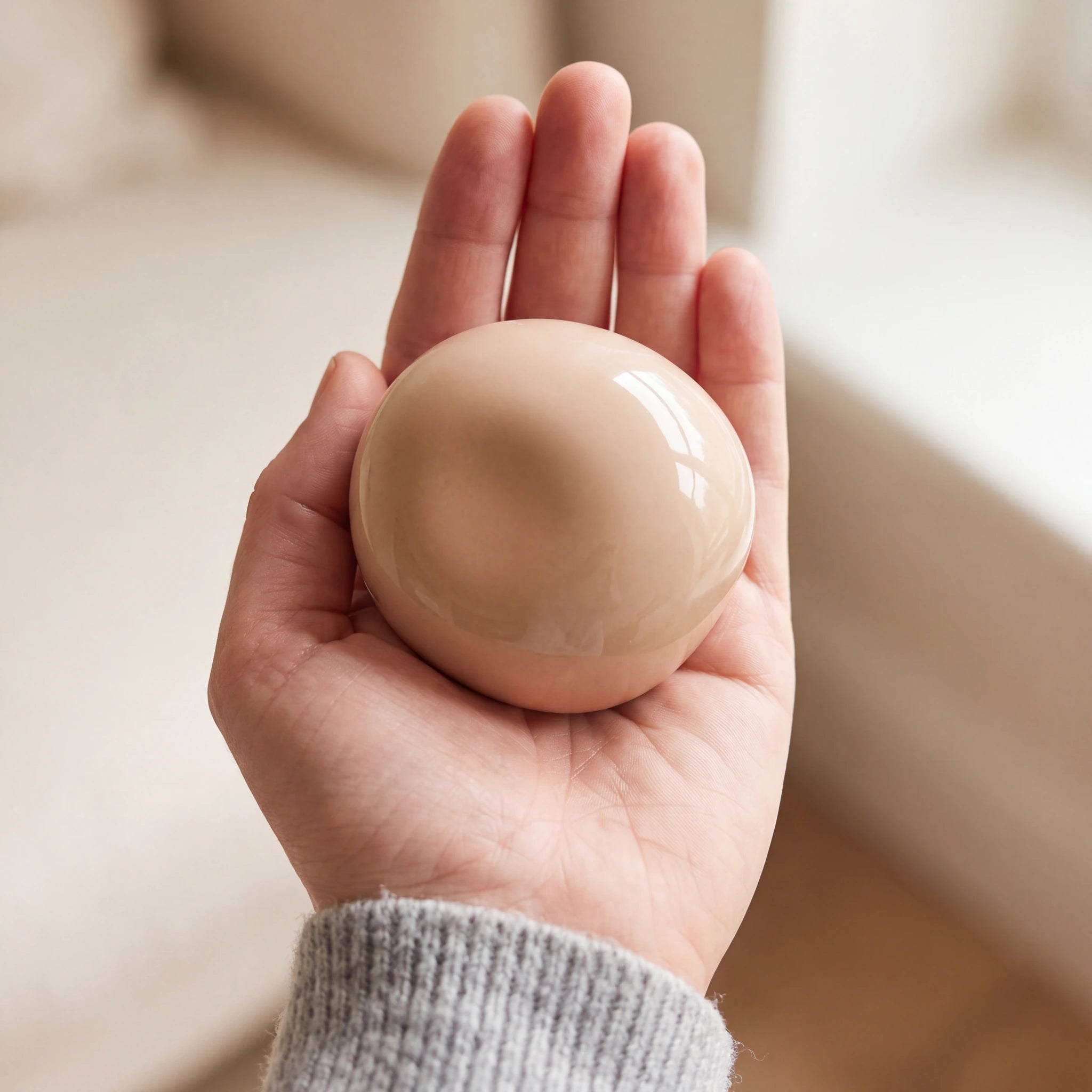 Cuddle-Stone-Keepsake-Urn-for-Ashes-in-Glossy-Sand-Held-in-Palm