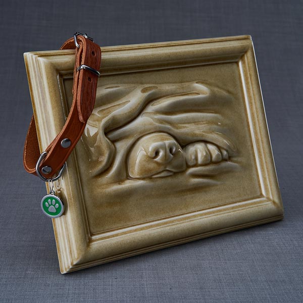 Dog Cremation Urn For Pets Ashes In Dark Sand With Collar