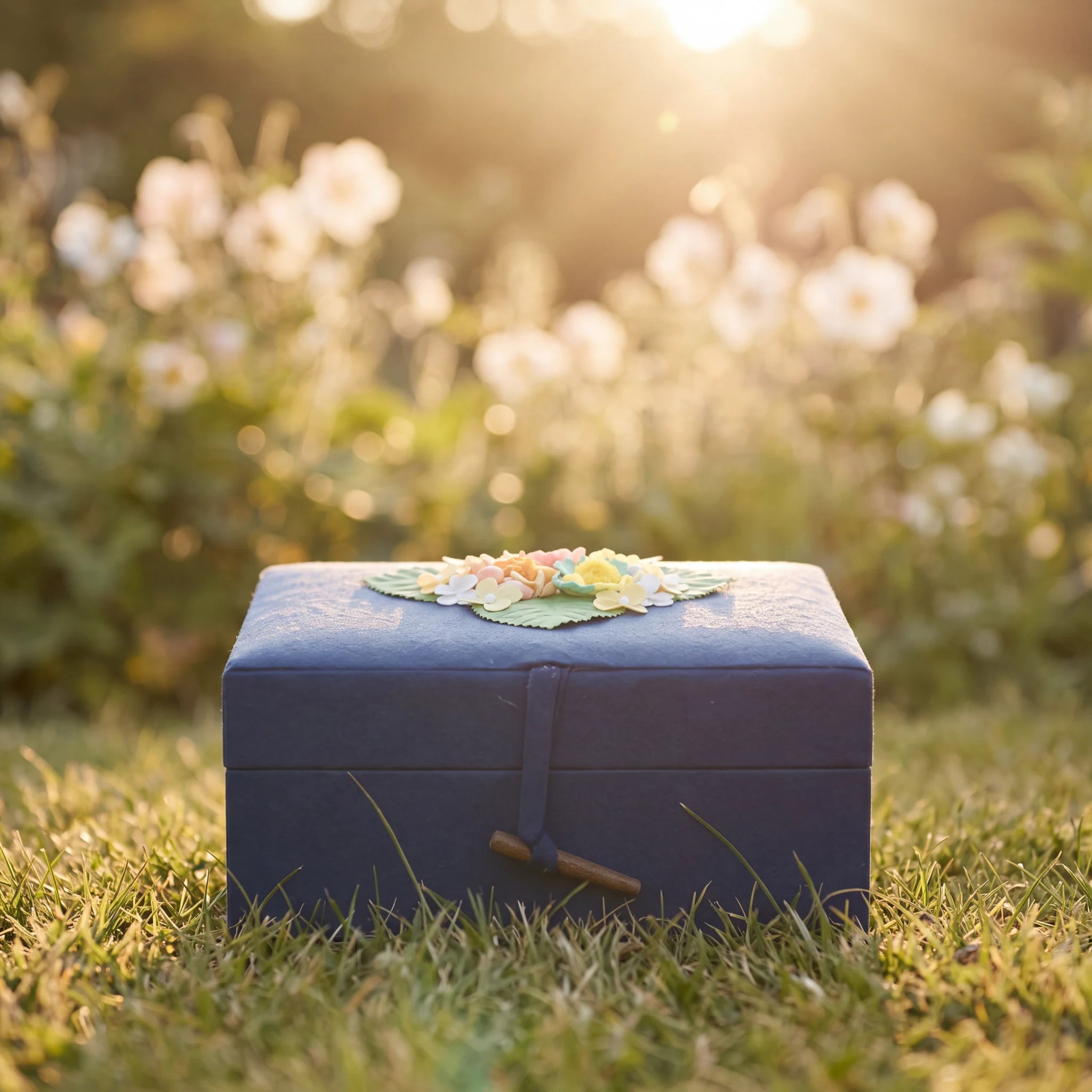 EarthUrn Chest Biodegradable Urn for Ashes in Blue with Flowers - Adult