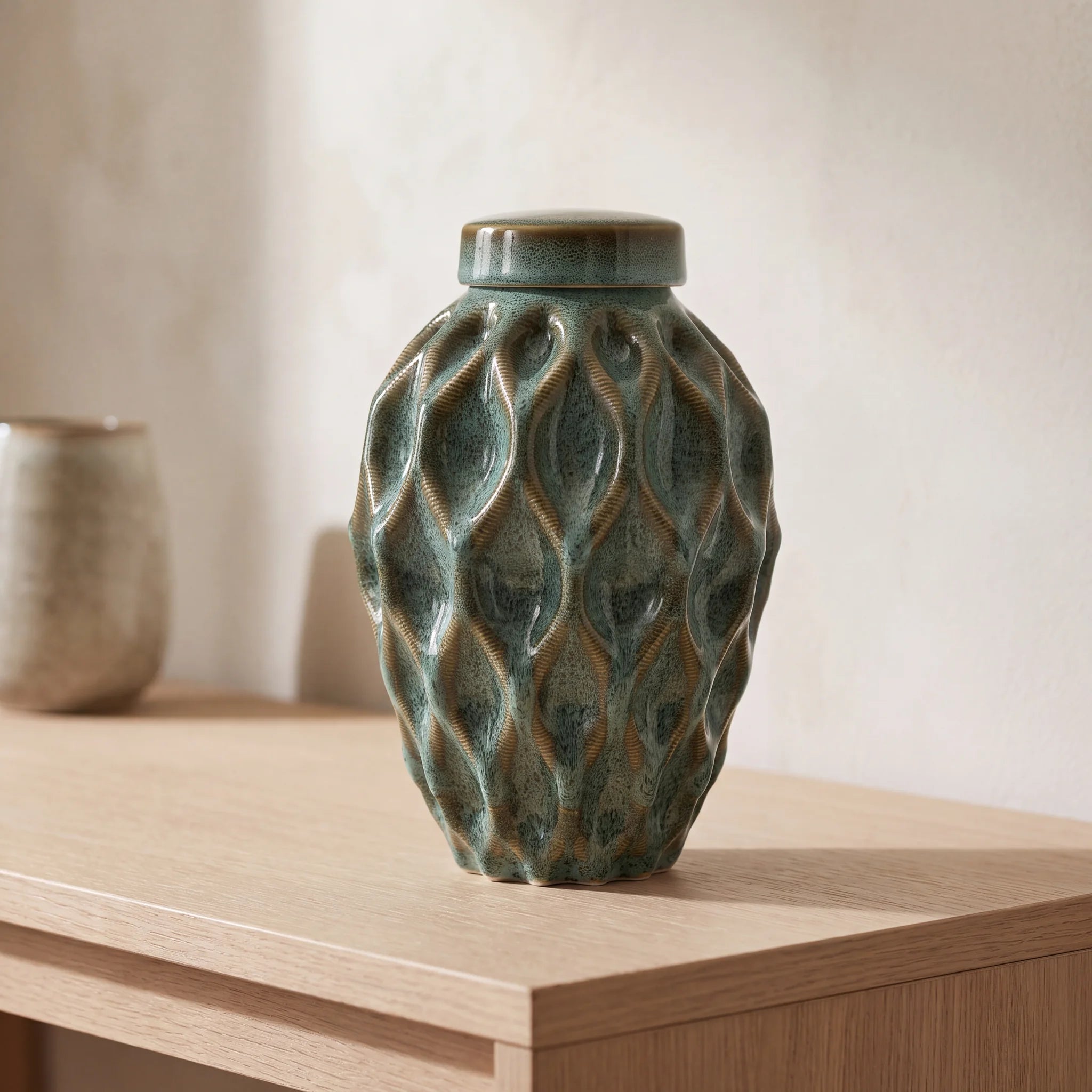 Echo-Medium-Urn-for-Ashes-in-Oily-Green-Oak-Console