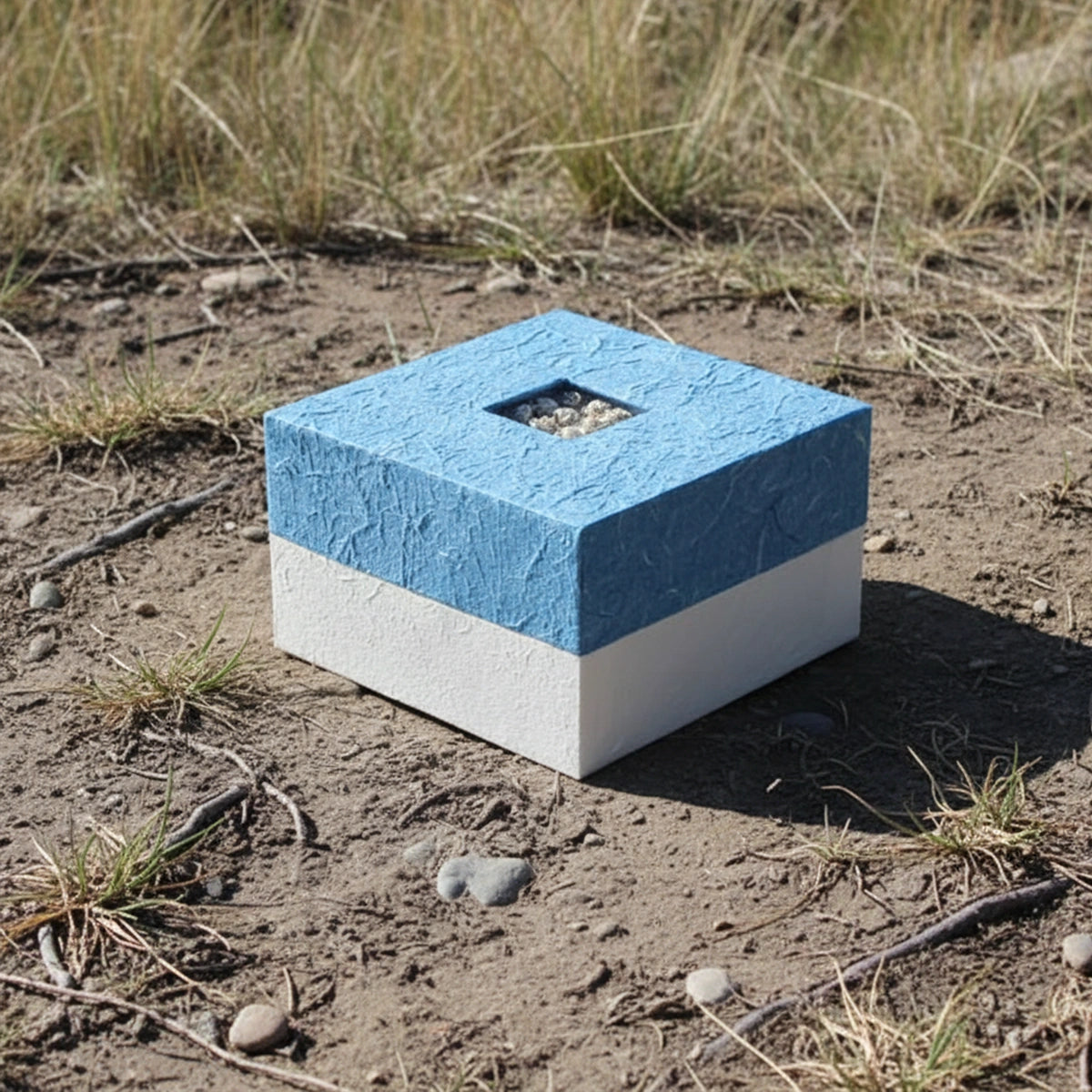 Embrace Biodegradable Urn for Ashes in Blue Small Outside Side View in Sunlight