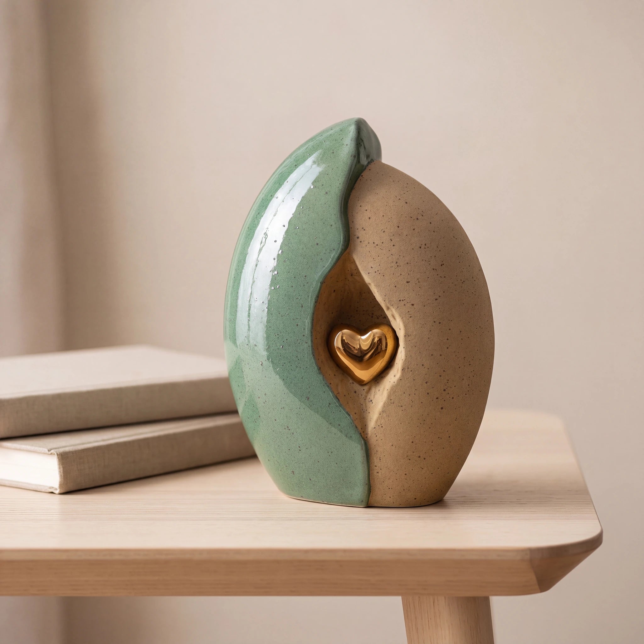 Embrace Heart Cremation Urn for Ashes in Fern Green and Sand