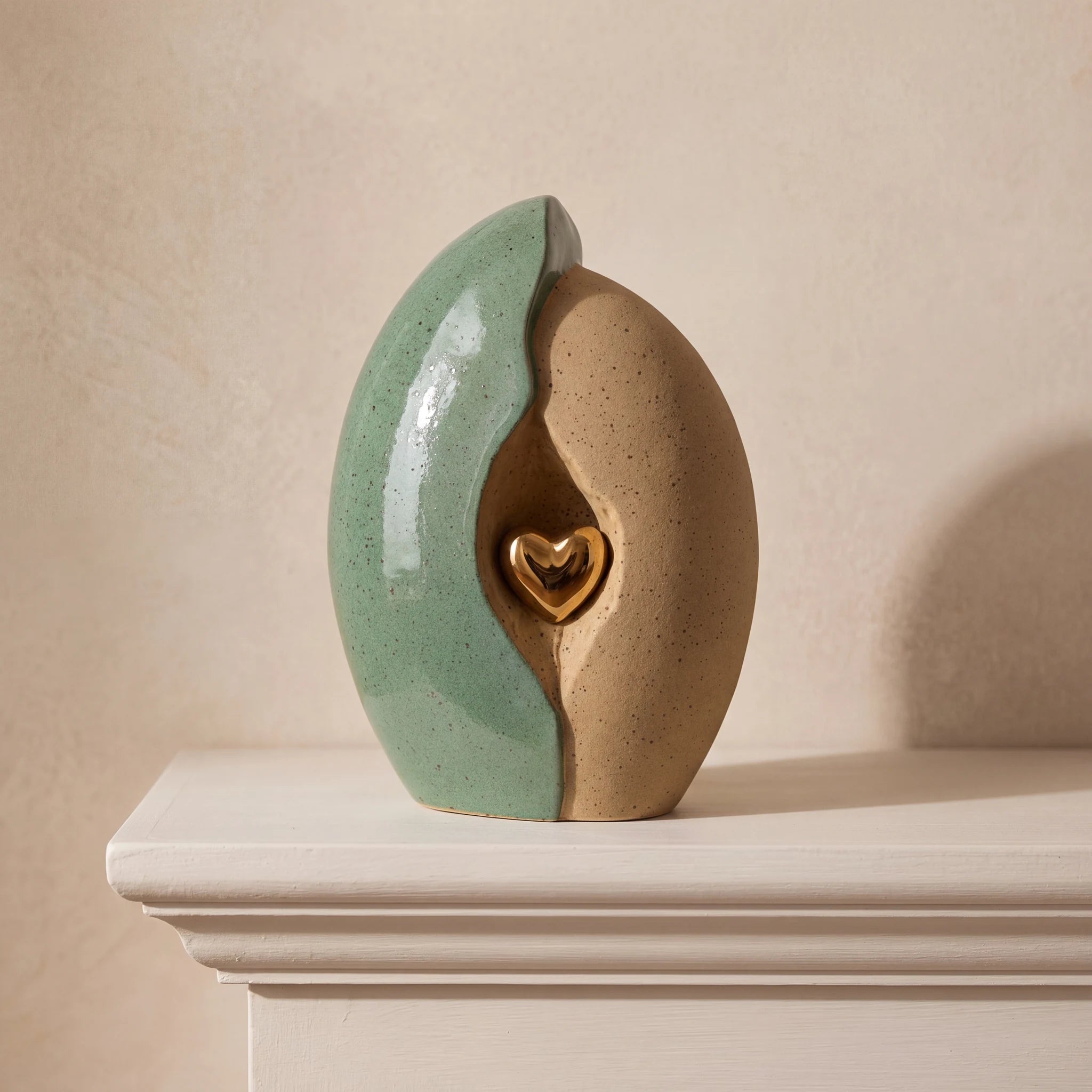 Embrace Heart Cremation Urn for Ashes in Fern Green and Sand