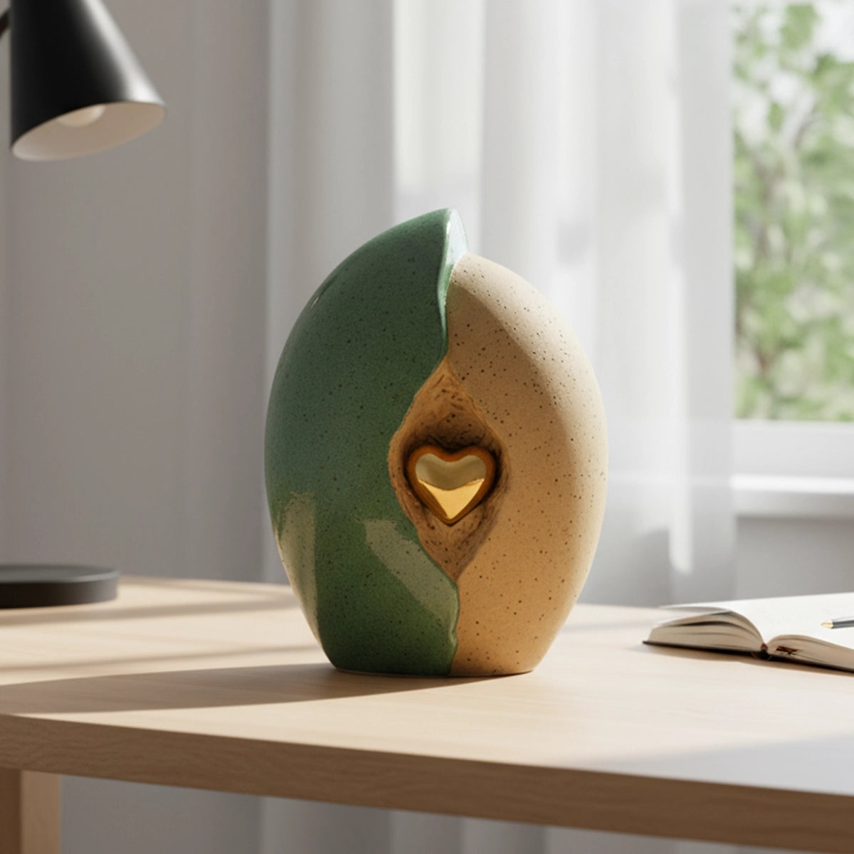 Embrace Heart Cremation Urn for Ashes in Fern Green and Sand