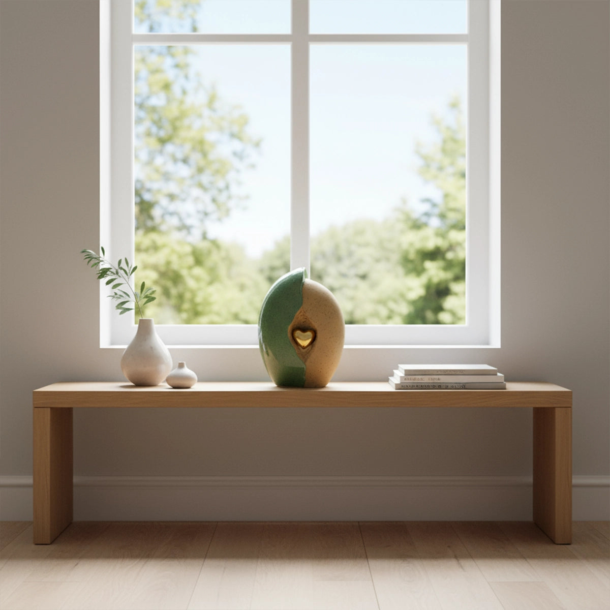 Embrace Heart Cremation Urn for Ashes in Fern Green and Sand