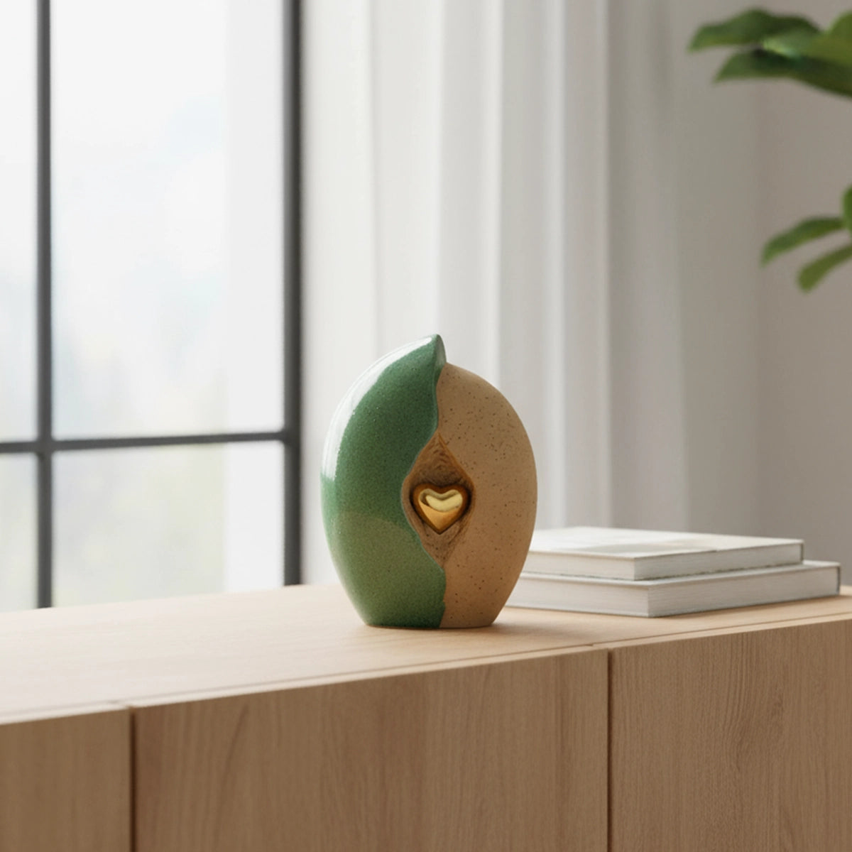 Embrace Heart Medium Urn for Ashes in Fern Green and Sand