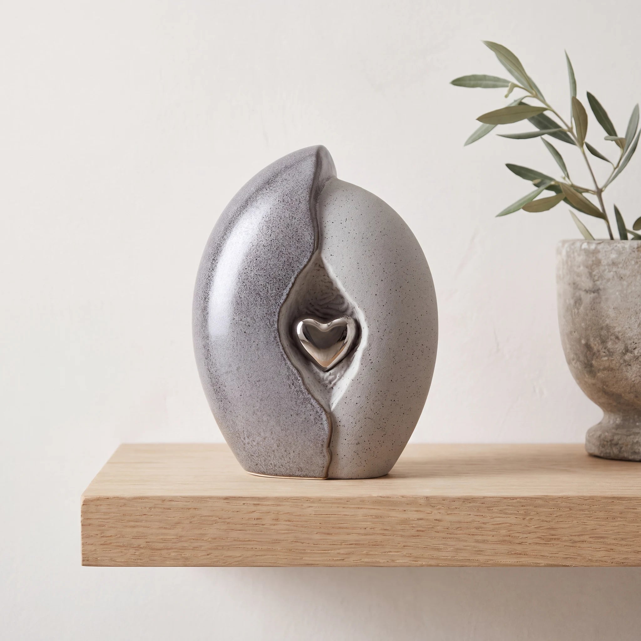Embrace-Heart-Medium-Urn-for-Ashes-in-Grey-and-Silver-Oak-Shelf